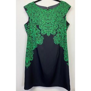 ILE‎ New York Green Black Paisley Shift Dress Retro Mod Statement Size 14